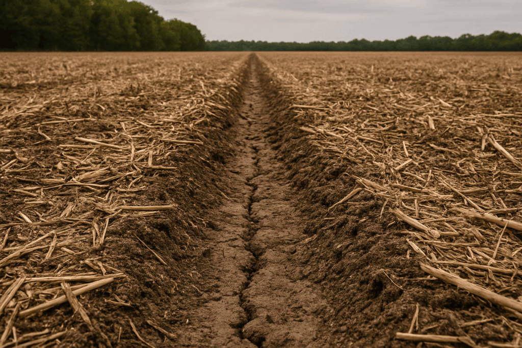 Landscape view of cracked seed trench and dry crop residue in a no-till field