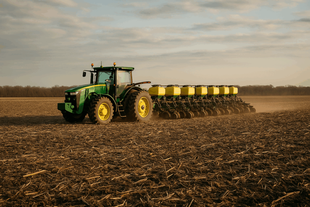 Large green tractor pulling a no-till planter through a crop residue-covered field at sunset