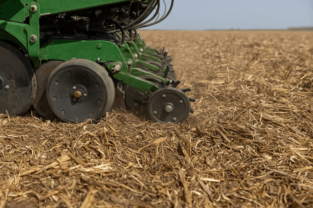 Close-up of planter closing wheels working through dry crop residue in a no-till field
