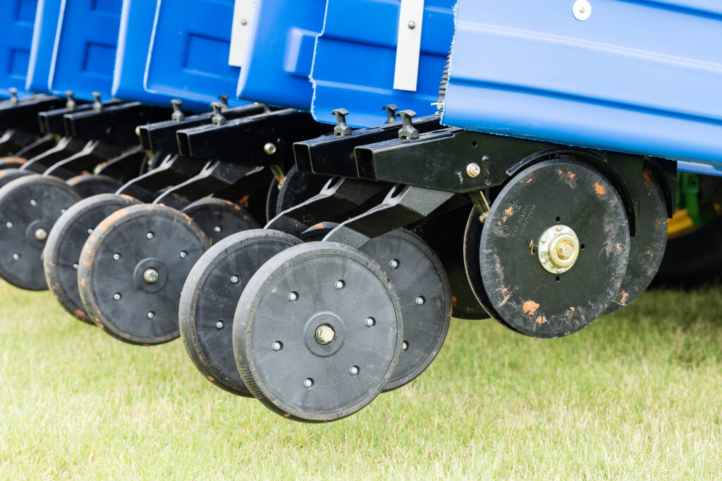 Close-up of 4AG interseeder row units highlighting no-till equipment design and precision seeder machine performance compared to a no till seed drill.